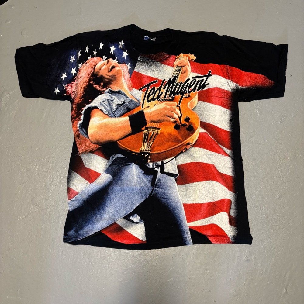 Vintage 90s Ted Nugent One Nation Under Ted all over print t-shirt USA Flag L